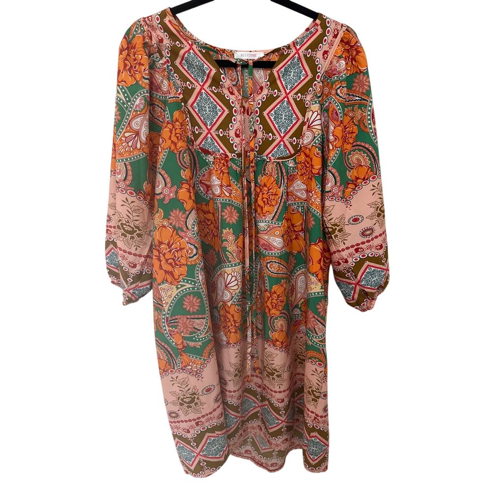 Womens Boho Maximalist Casual Vintage Style Art Print Babydoll Beach Dress | M